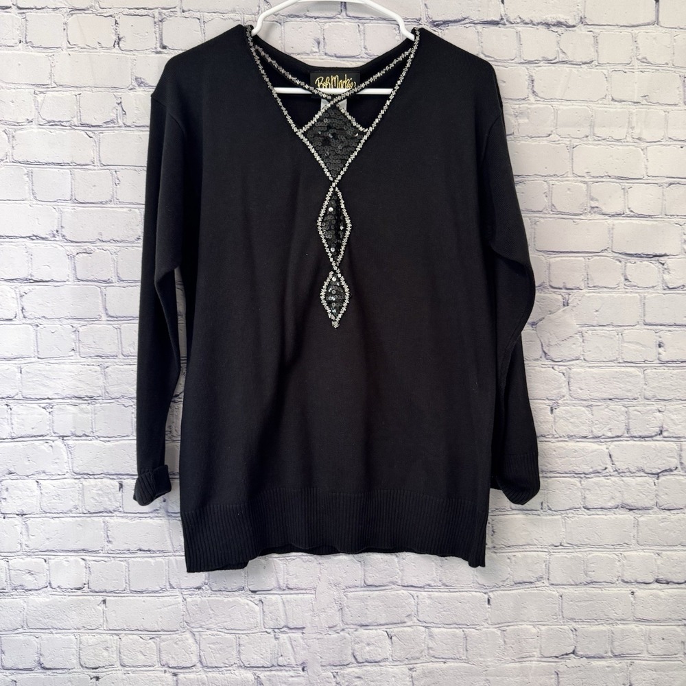 Bob Mackie Wearable Art Black Sequin Beaded V-Neck Sweater XS NWT